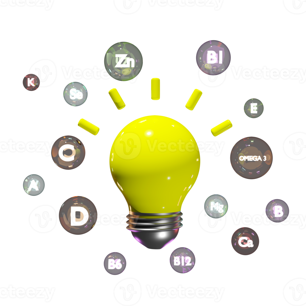 light bulb idea tip 3d, protect your health with multivitamins, The vitamins your body needs isolated. 3d render illustration png