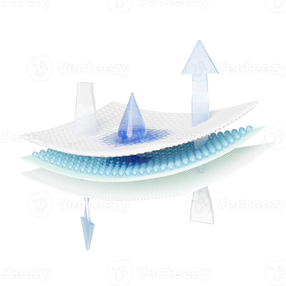 lüften zeigt an Wasser Tröpfchen zum Windeln 3d mit sanitär Serviette, Synthetik Ballaststoff Haar saugfähig Schicht isoliert. Baby Windel Erwachsene Konzept, 3d machen Illustration png