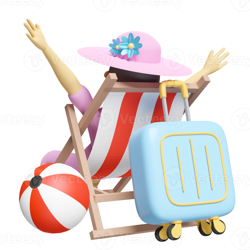 3d personaggio cartone animato donna viaggio su estate spiaggia con spiaggia sedia, sfera, valigia, cappello, stella marina, turismo viaggio concetto, 3d rendere illustrazione png