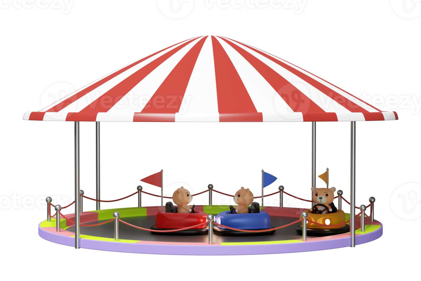 3d amusement park concept with electric bump car, teddy bear isolated. 3d render illustration png