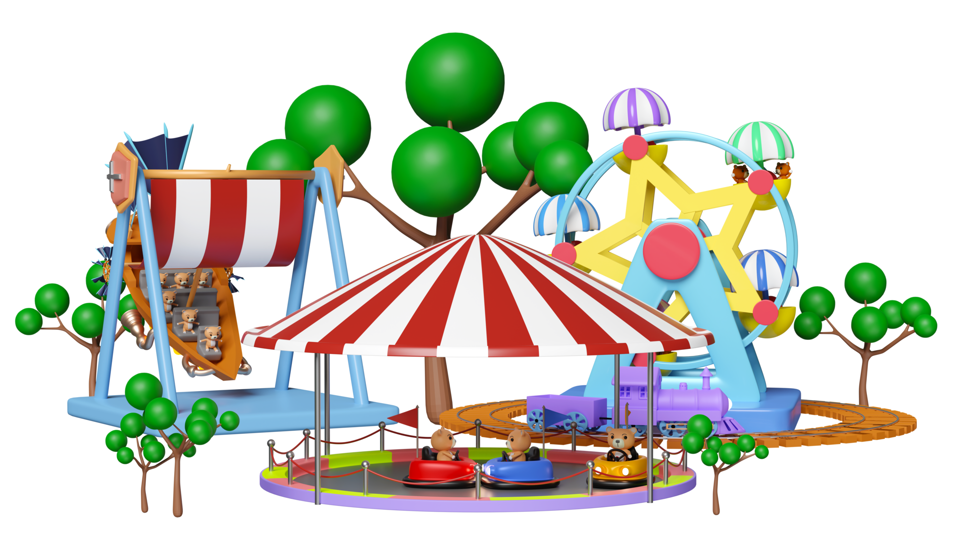 3d amusement park concept with electric bump car, teddy bear viking ship,  railroad tracks, ferris wheel, landscape isolated. 3d render illustration  21506903 PNG