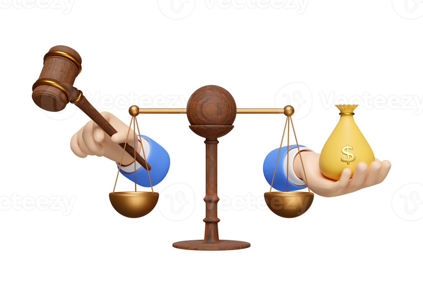 3d Gerechtigkeit Waage mit Hand halten hölzern Hammer, Geld Tasche Symbol isoliert. Gesetz, Versteigerung, Gerechtigkeit System Symbol Konzept, 3d machen Illustration png