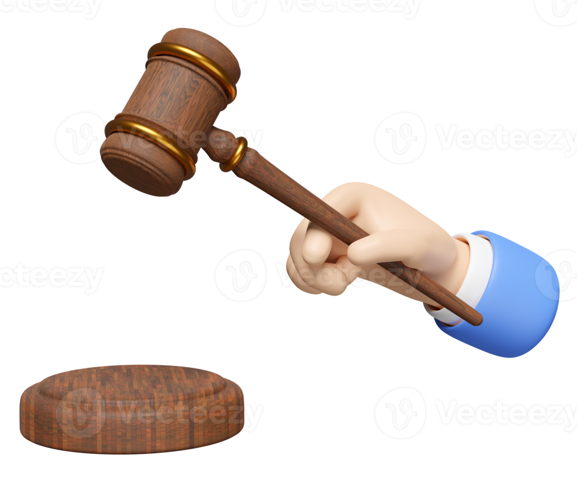 3d wooden judge gavel, hand holding hammer auction with stand isolated. law, justice system symbol concept, 3d render illustration png