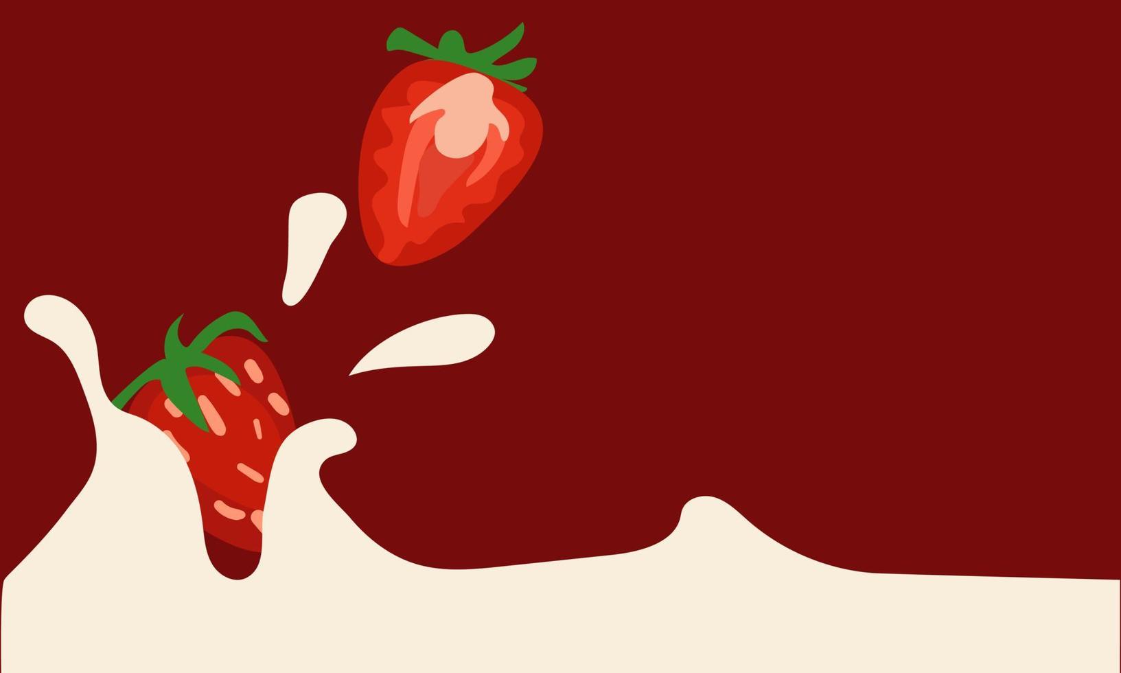 Strawberries fall into milk on a red background. A banner of strawberries whole and in section, which falls into white cream and forms splashes. Vector illustration. Printing a banner, a flyer