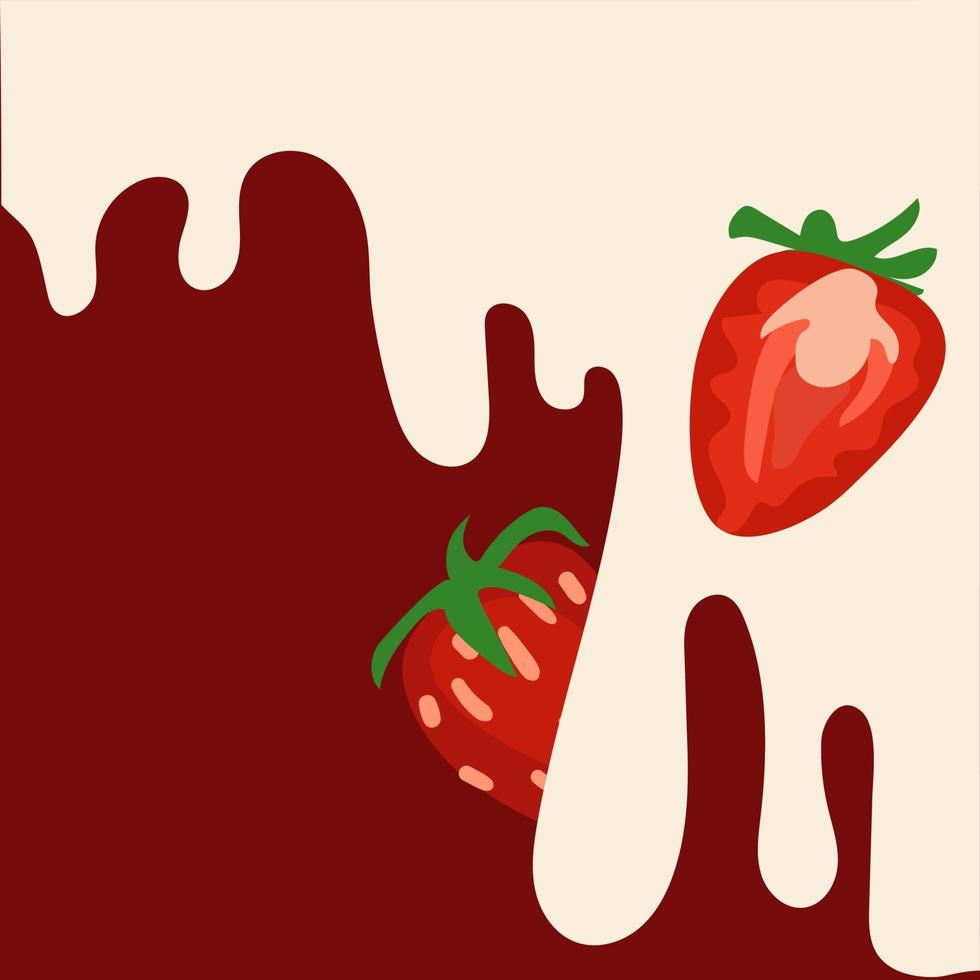 fresas fluir abajo el pared con Leche en un rojo antecedentes. un bandera de fresas todo y en sección, cuales caídas dentro blanco crema y formas manchas vector ilustración. impresión un bandera