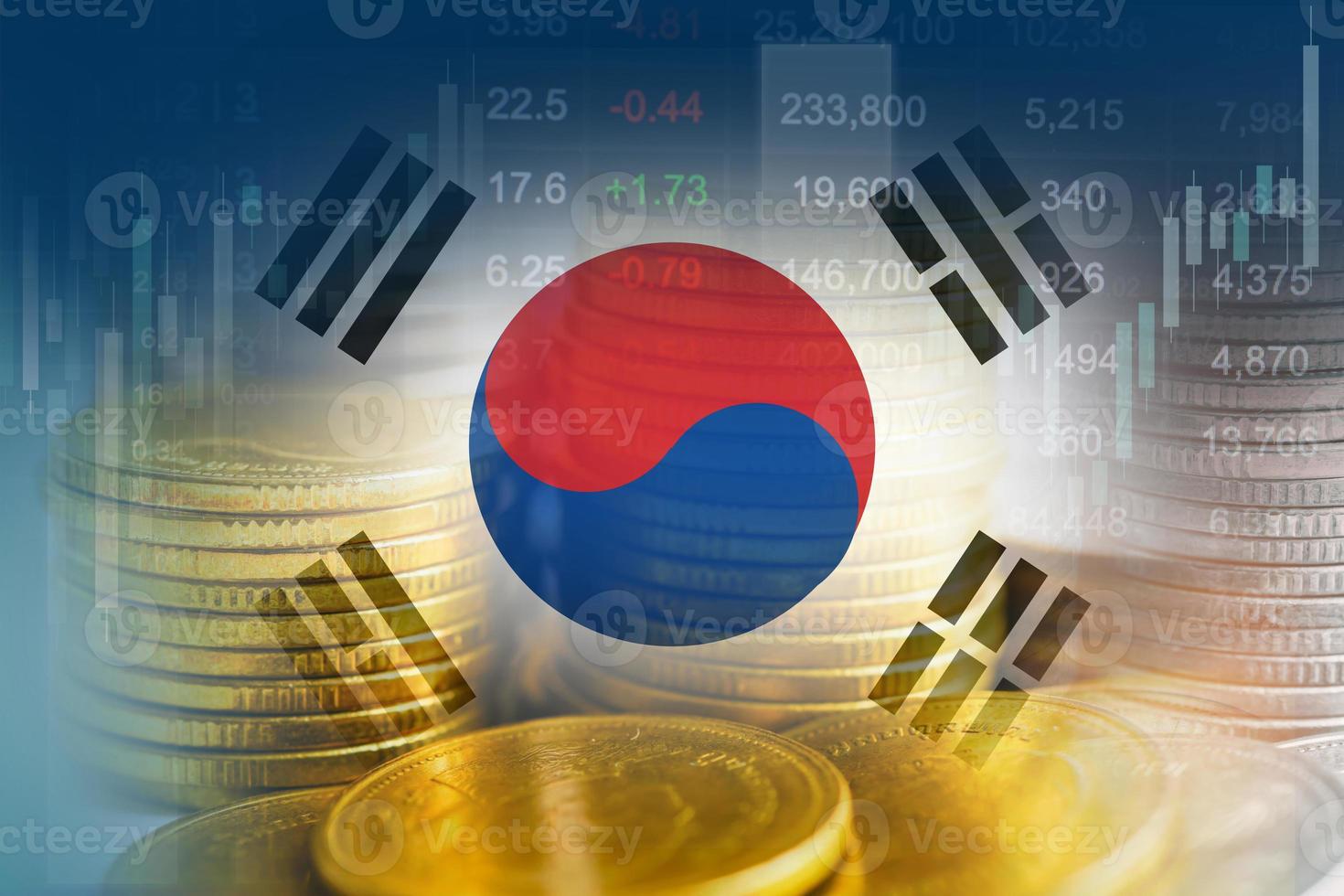 South Korea flag with stock market finance, economy trend graph digital technology. photo