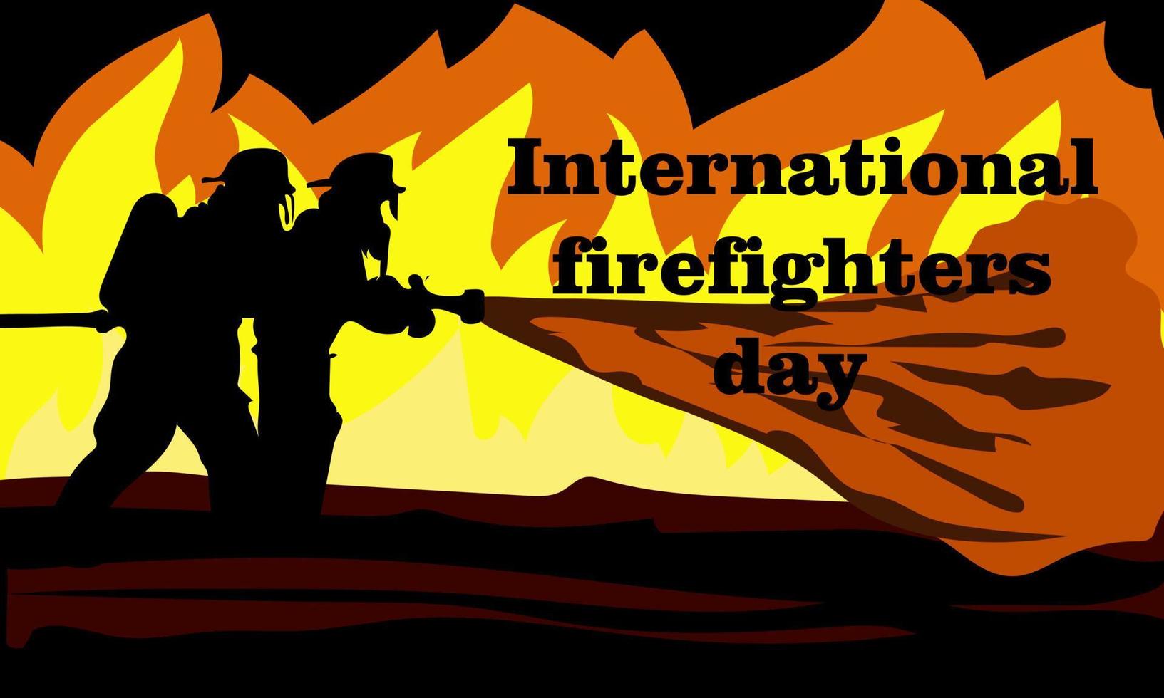 Banner, poster or template for the International Day of Firefighters with silhouettes of two firefighters extinguishing a fire. Vector illustration for May 4. Firefighters on the background of flames