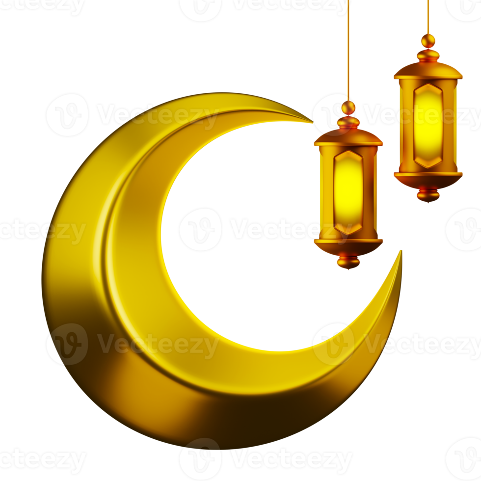 3d rendering islamic decorative crescent moon and hanging lantern lamp