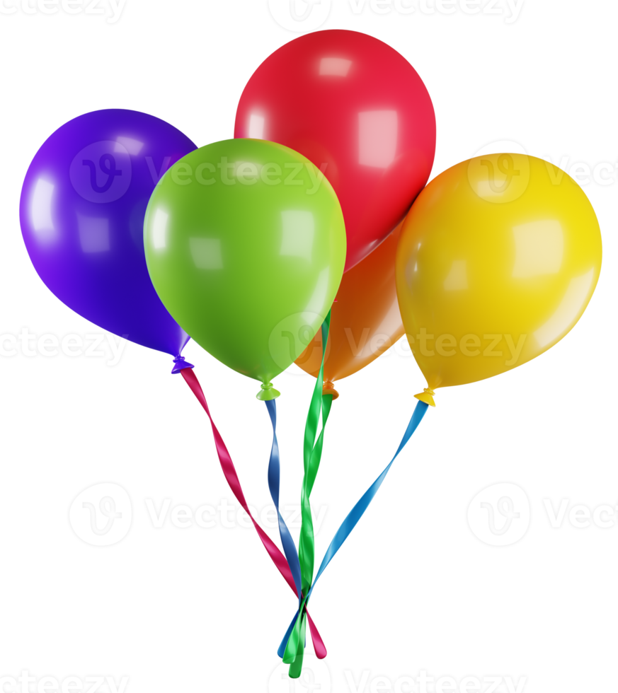 3d illustration of bunch of colourful balloons with ribbons. Birthday and celebration party decorative element png