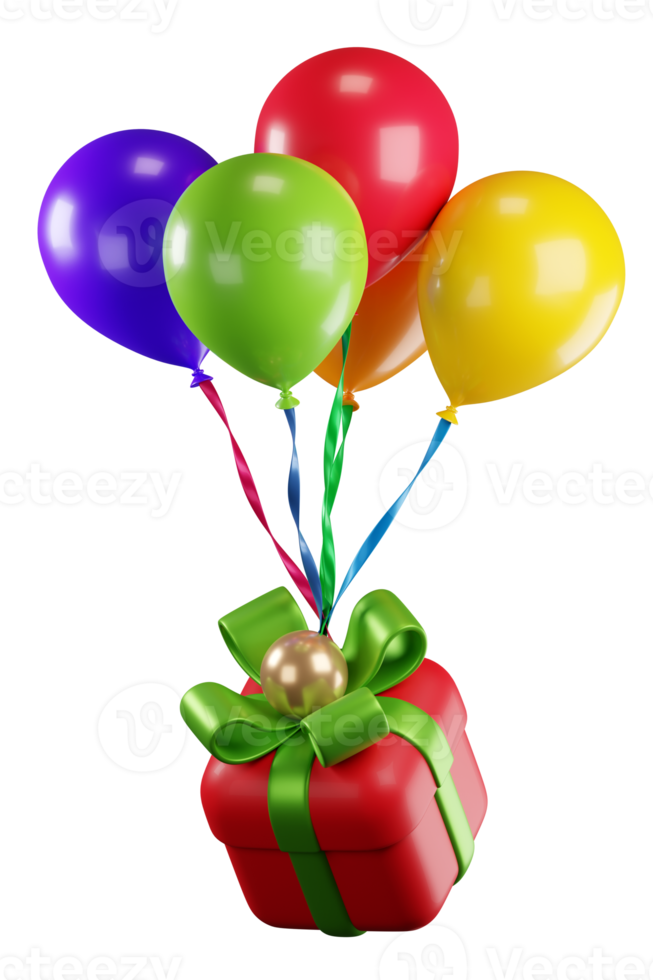 3d illustration of bunch of colourful balloons with ribbons holding a gift box. Birthday and celebration party decorative element png