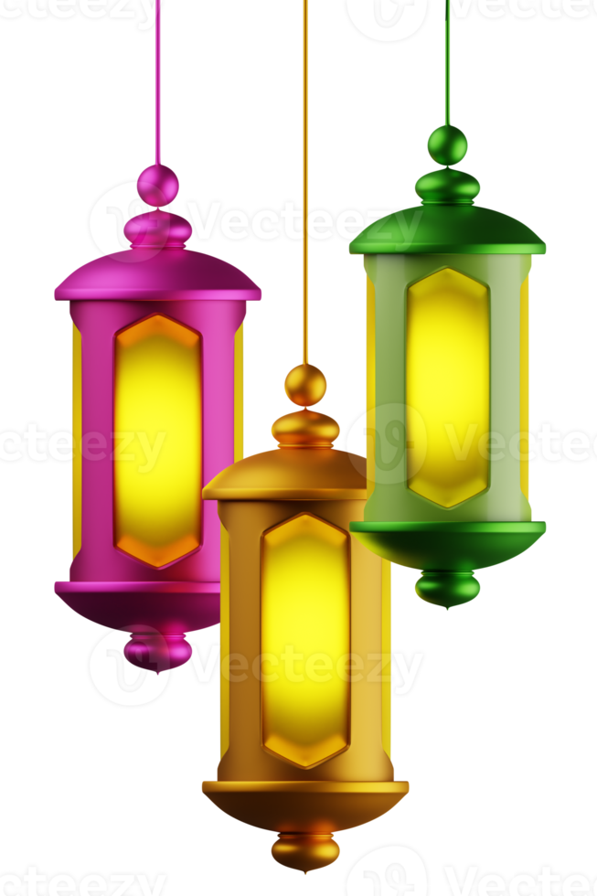 3d rendering colourful islamic hanging lantern lamp for islamic festive holiday design. Eid Mubarak and Ramadan holiday concept png