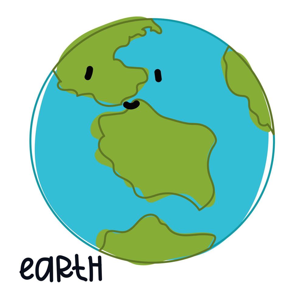 Isolated large colored planet Earth with a face and signature. Cartoon vector illustration of a cute smiling planet in the solar system. Use for a logo for children's products
