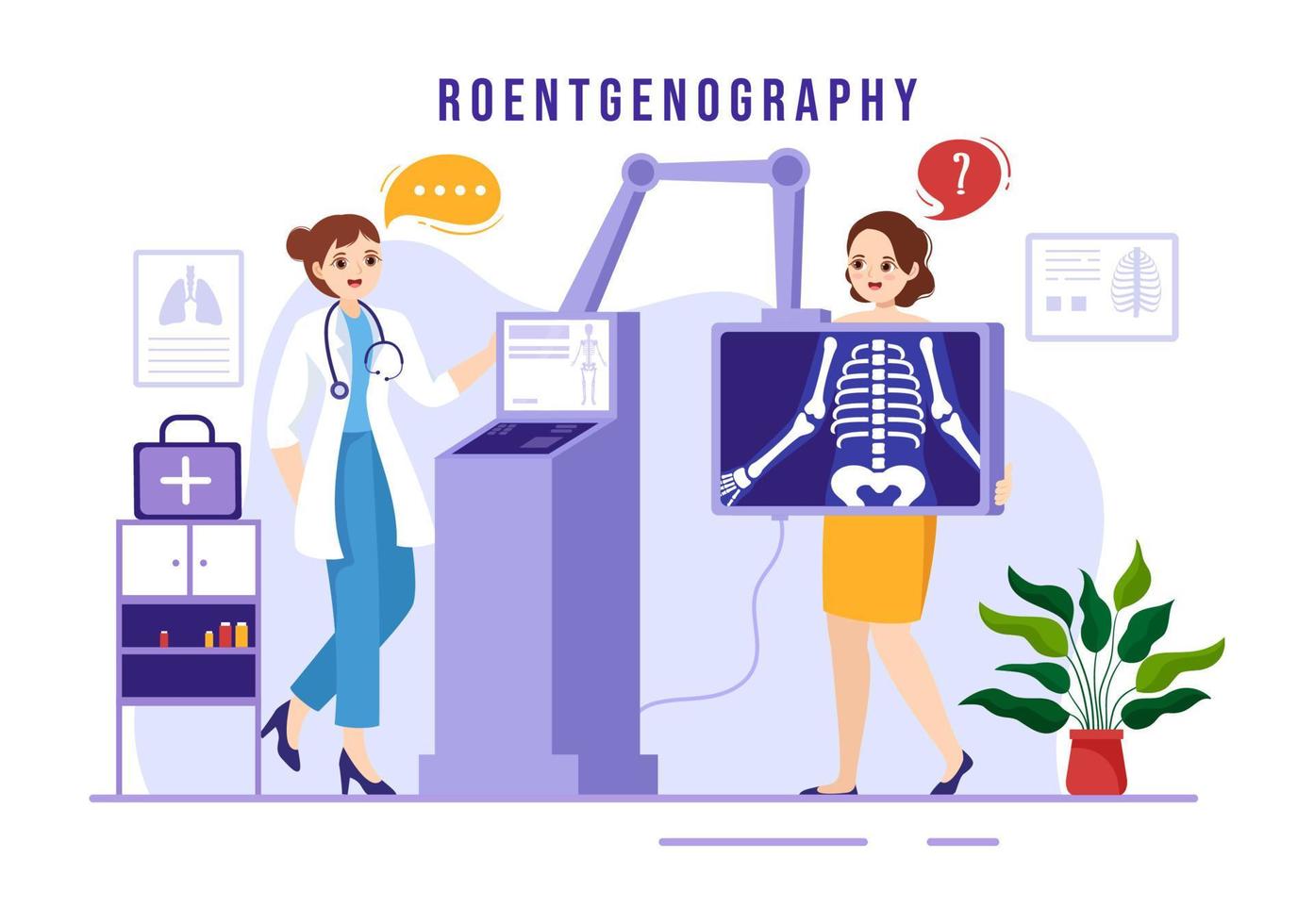 radiografía ilustración con fluorografía cuerpo chequeo procedimiento, radiografía exploración o roentgen en salud cuidado plano dibujos animados mano dibujado plantillas vector