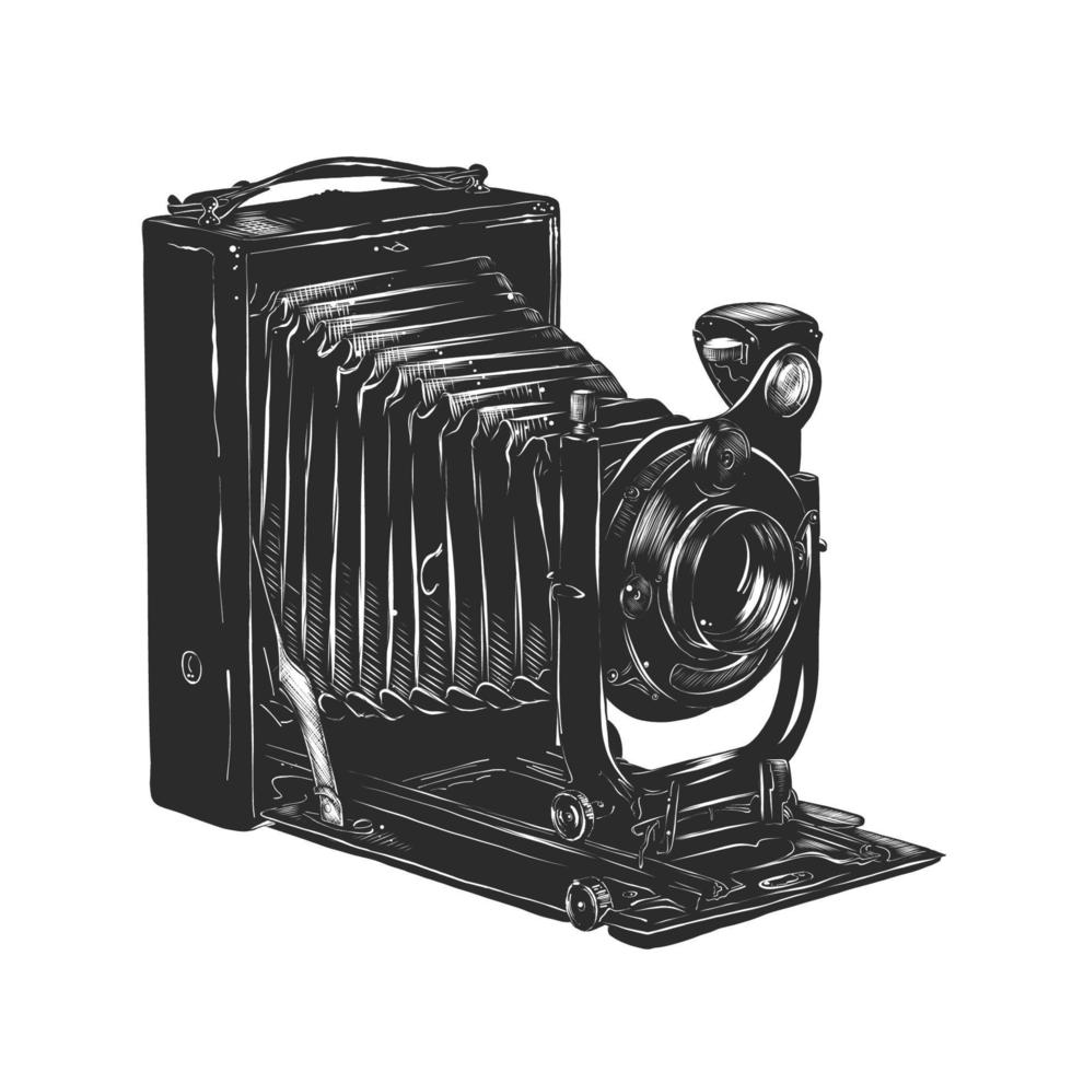 Vector engraved style illustration for posters, decoration and print. Hand drawn sketch of vintage camera in monochrome isolated on white background. Detailed woodcut style drawing.