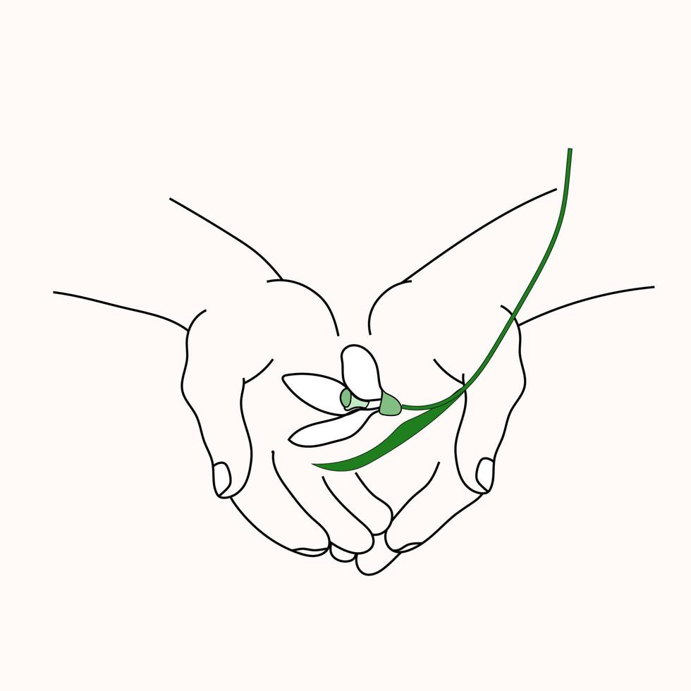 Snowdrop in hands. Line art. Vector illustration card care, spring, tenderness, nature conservation.