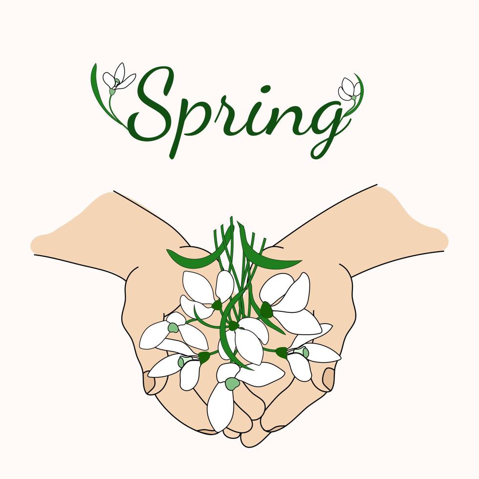 Snowdrops. Spring Vector card. Flowers in hands. First spring flowers. Snowdrop day poster.