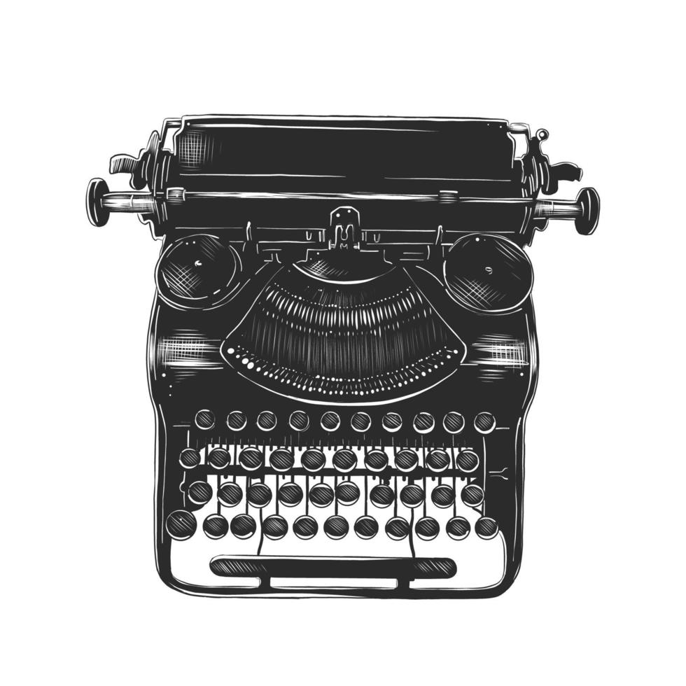 Vector engraved style illustration for posters, decoration and print. Hand drawn sketch of old typewriter in monochrome isolated on white background. Detailed vintage woodcut style drawing