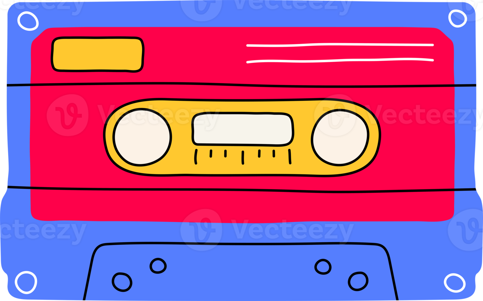 Classic 80s 90s elements in modern style flat, line art style. Hand drawn PNG illustration audio or musical cassette. Fashion patch, badge, emblem, logo