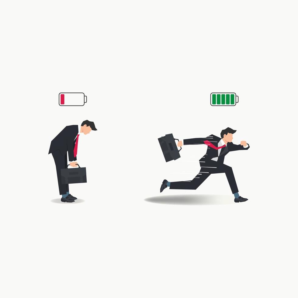 Tired and powerful businessman illustration. Businessman low charge energy because overworked or stressed with full of spirit concept vector