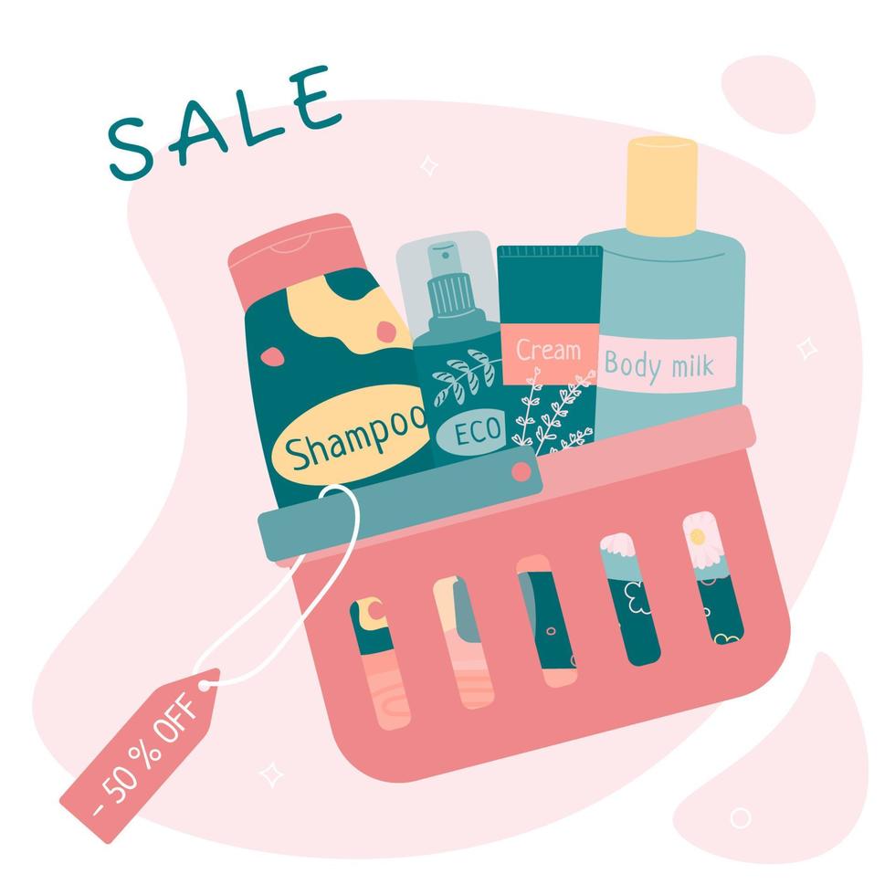 Flat vector illustration of a consumer basket for the sale of cosmetics.