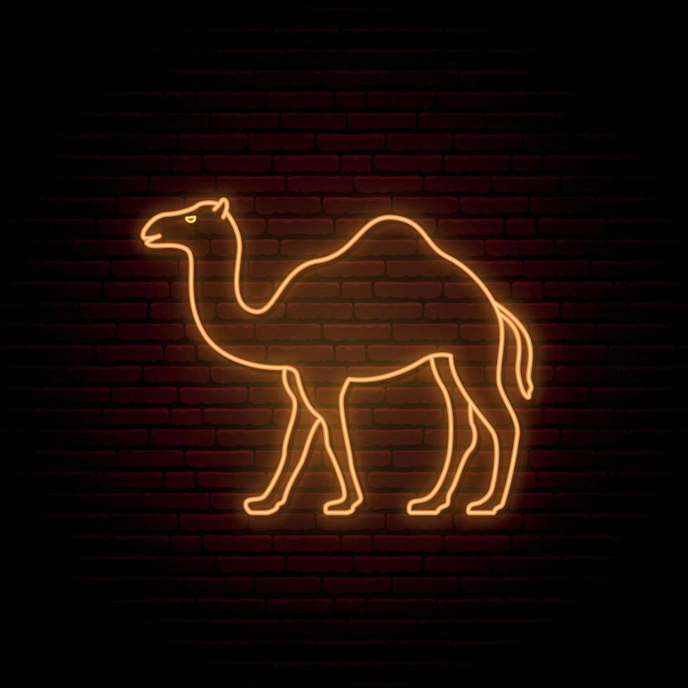 Neon camel sign. Glowing camel icon on dark brick wall background. Neon