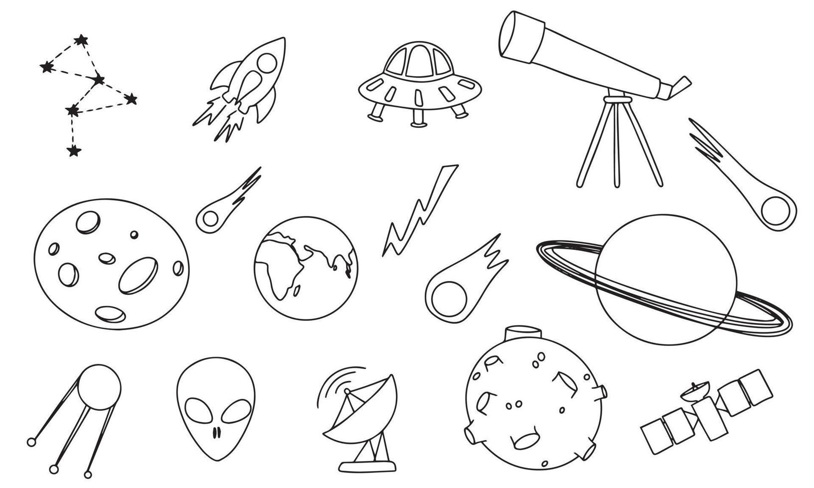 A black and white drawing of various planets and a telescope. Space elements doodle vector