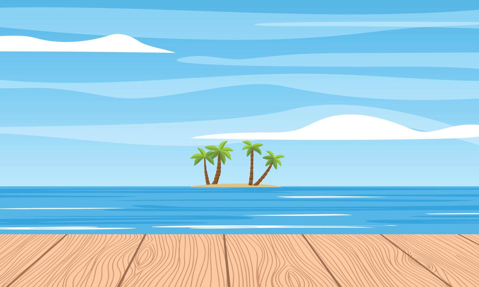 Wooden planks with a view of the sea and palm trees on the horizon. Small island. Vector background illustration.