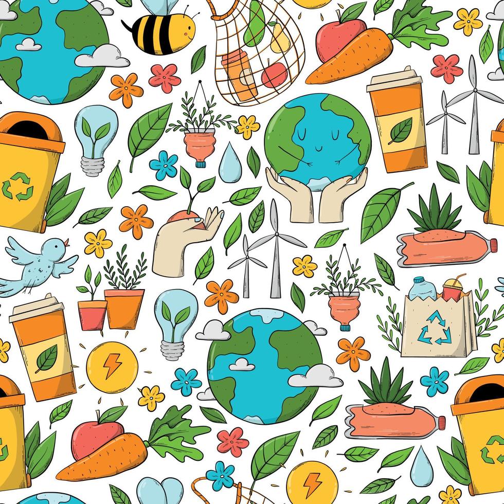 Ecological sustainability, zero waste, environment protection seamless pattern with doodles, clip art, etc. Good for wallpaper, packaging, wrapping paper, backgrounds, etc. EPS 10 vector