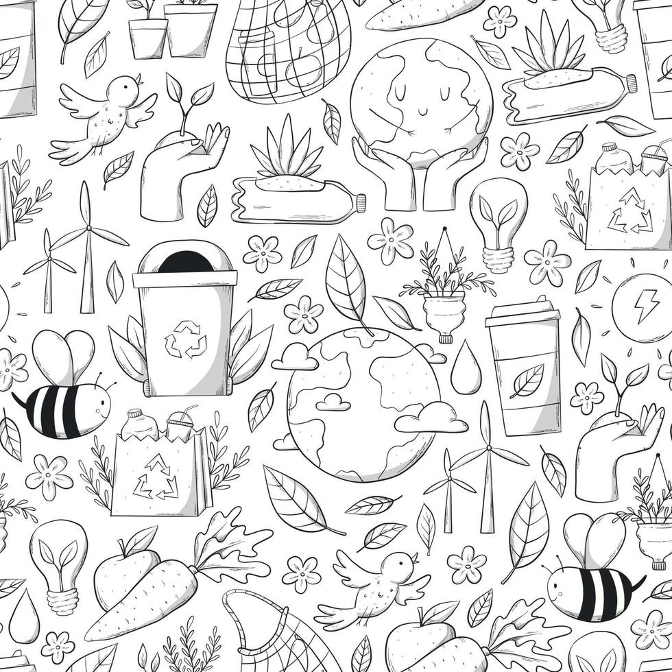Ecology, environment seamless pattern with doodles, monochrome elements for wrapping paper, scrapbooking, wallpaper, packaging, etc. EPS 10 vector