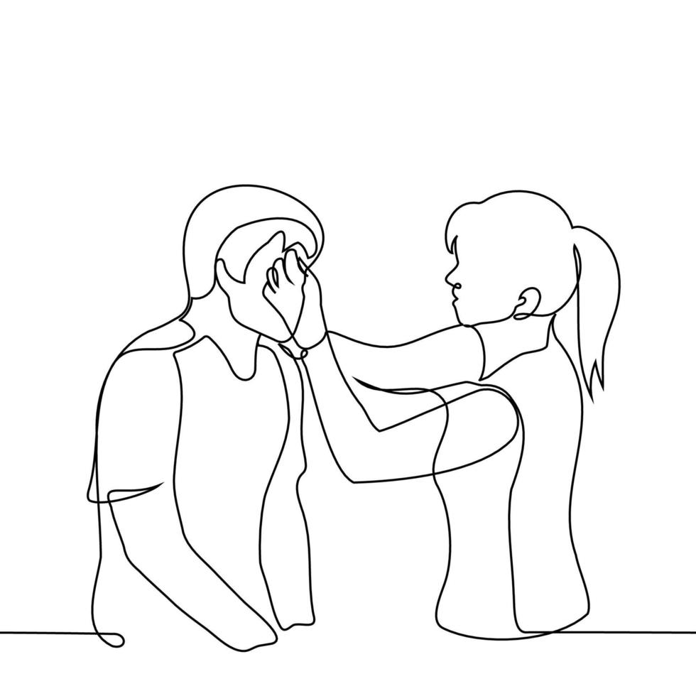 woman touching forehead of man sitting in front of her - one line drawing vector. concept a doctor or nurse treats a wound on the head, a female makeup artist applies makeup vector