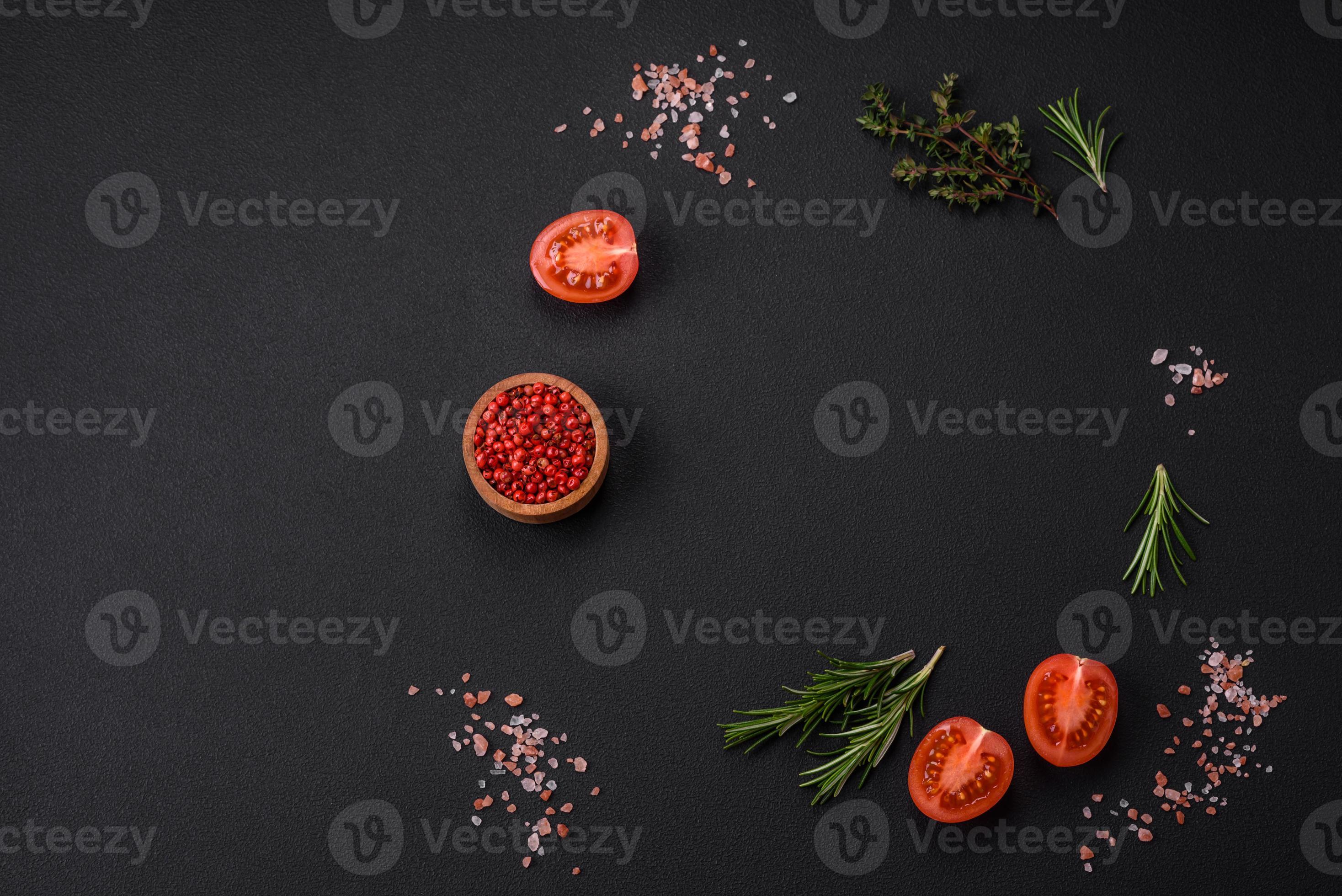 Rosemary, thyme, allspice, salt, cherry tomatoes and other spices and