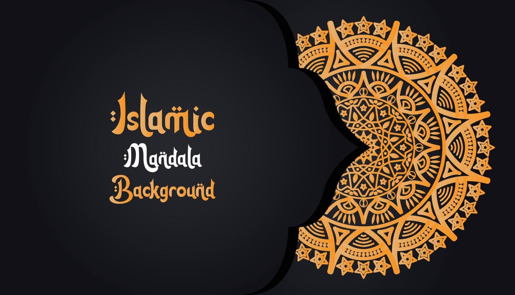 mandala, islamic background, luxury design. A black background with a gold pattern that says  Islamic Mandala Background vector