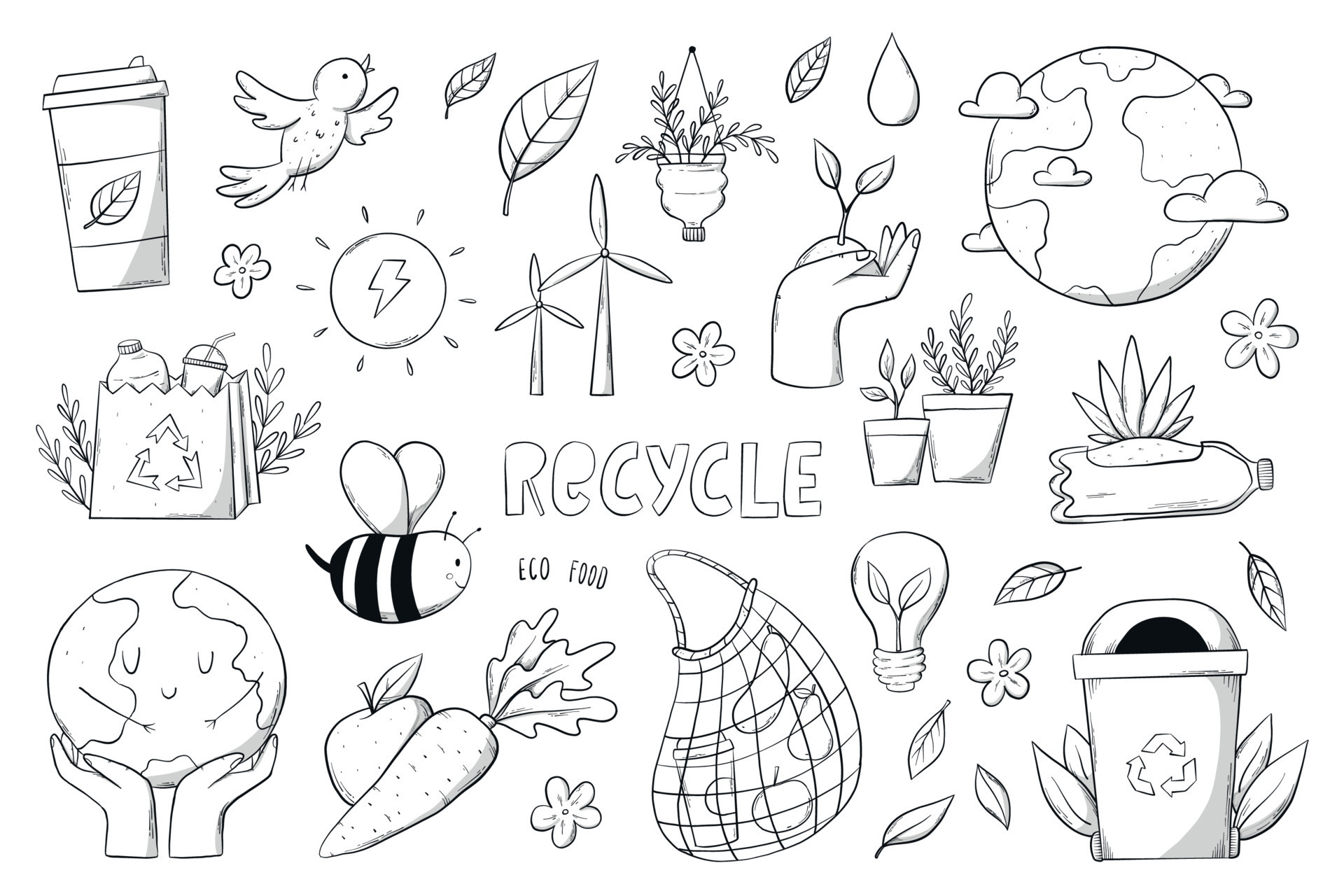 Set of environment doodles, ecological sustainability cartoon elements