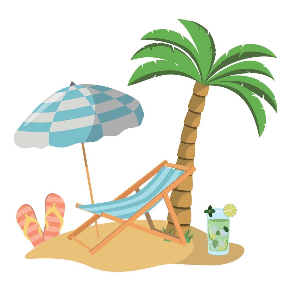 Beach holiday clipart with sling chair, parasol, drink, slippers on the sand coast. Colorful summer design. Desing for postcards and banners. Vector illustration in flat style