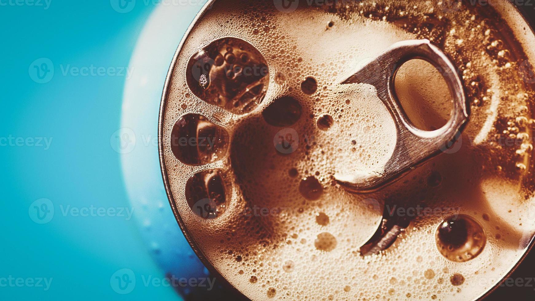 Frothing beer, cola or energy drink from open can, top view, copy space photo