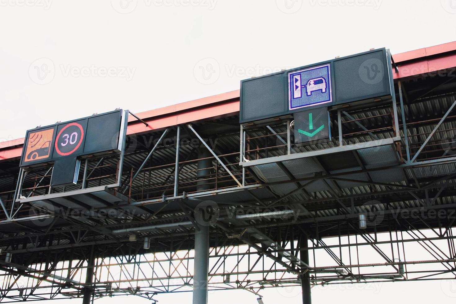 Transponder and ticket payment icons on top of toll gates photo