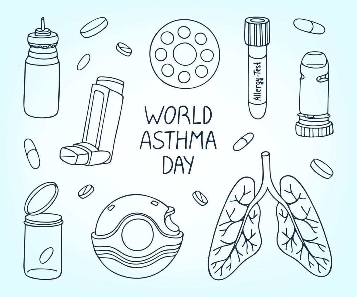 World Asthma Day doodle set. Vector illustration of inhalers, pills and lungs isolated on white background. Bronchial asthma awareness design elements.