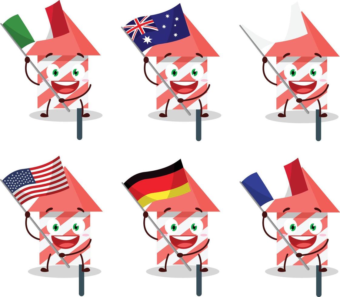 fuego galleta dibujos animados personaje traer el banderas de varios países vector