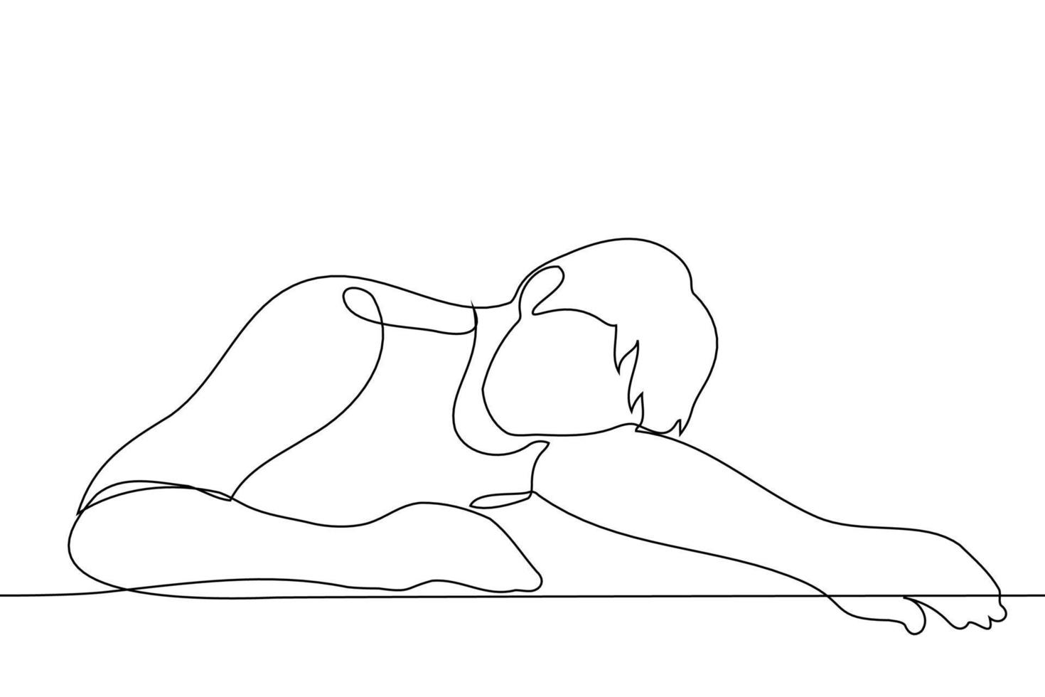 hombre mentiras en el mesa utilizando su mano como un almohada - uno línea dibujo vector. concepto dilación, postración, pereza, dormir, fatiga, fatiga, tristeza, apatía vector