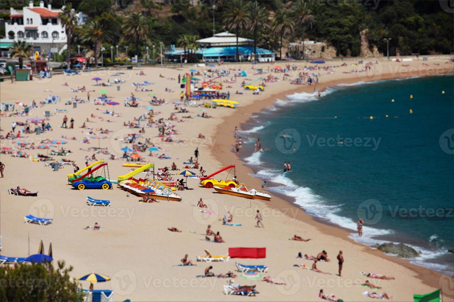 beach, many people relax and sunbathe on the shores of the warm sea, summer lagoon, palm trees photo