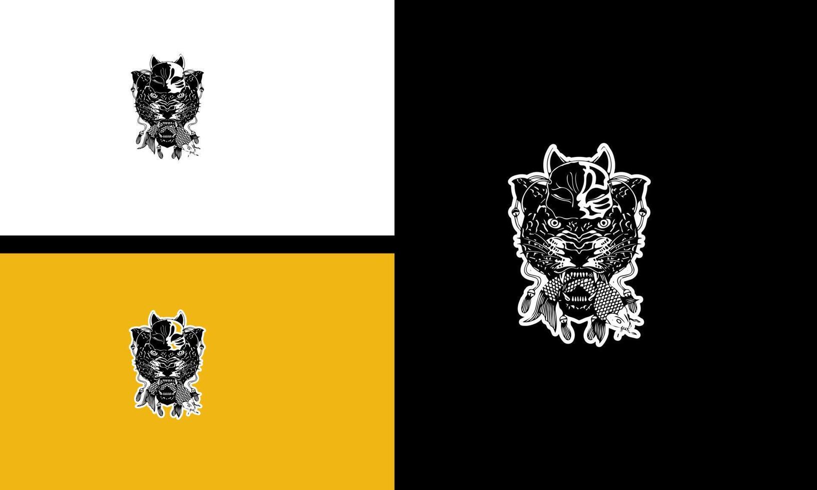 head tiger and fish vector line art design