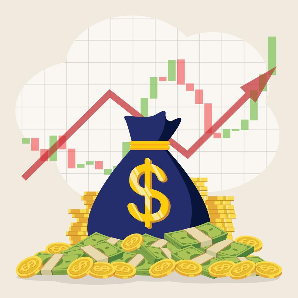 a pack of green dollars and a stack of gold coins, a bag of money in the background a red arrow up. increase in mutual funds income, statistical report, business productivity increase. vector