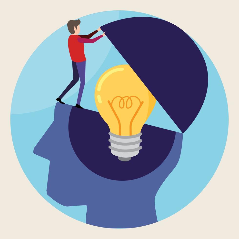 hombre ayuda abierto el cerebro con un ligero bulbo en azul antecedentes. creatividad y innovación símbolo. ideas para negocio éxito. vector ilustración en plano diseño.