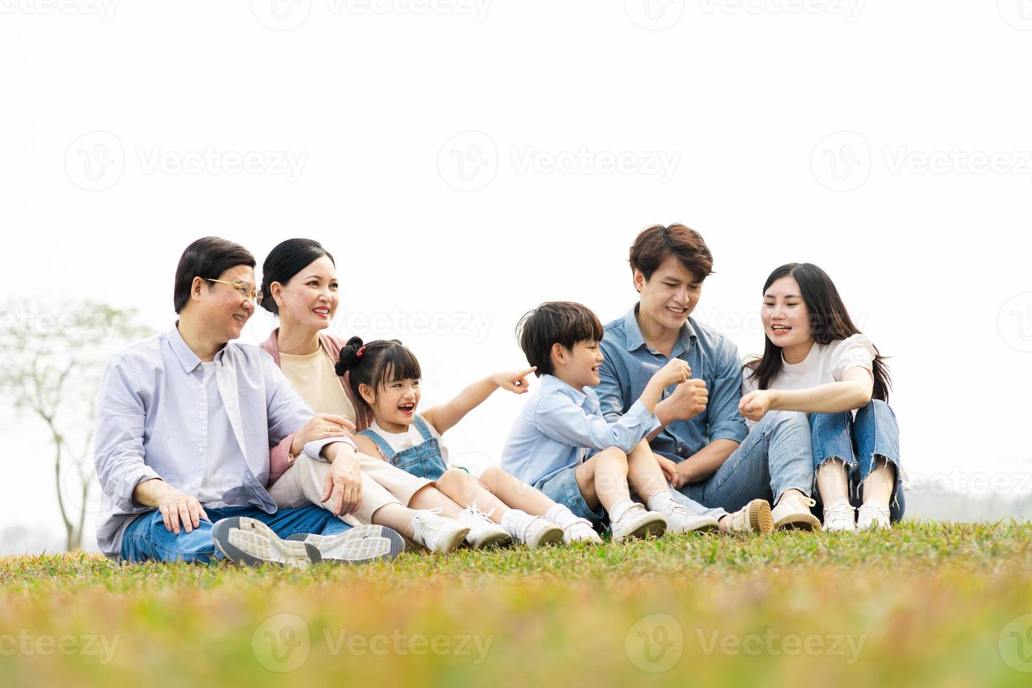 imagen de un asiático familia sentado juntos en el césped a el parque foto