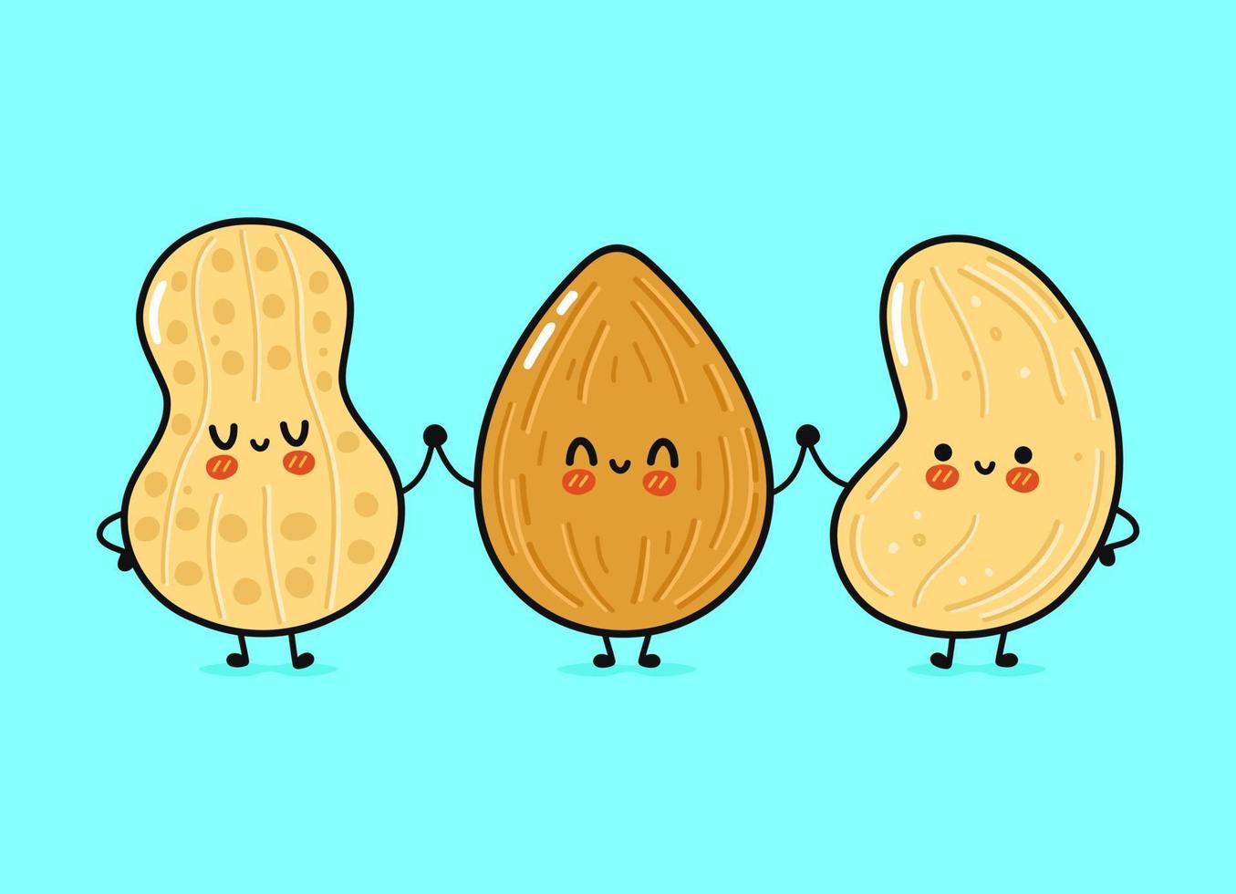 Cute, funny happy almonds, peanuts and cashews nut. Vector hand drawn cartoon kawaii characters, illustration icon. Funny happy cartoon almond, peanut and cashew nut mascot friends concept