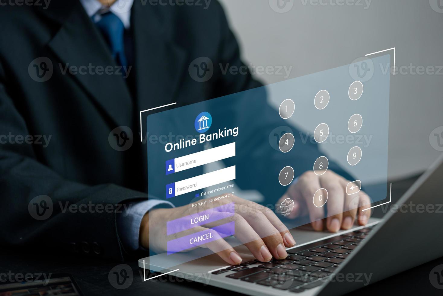 Businessman use laptops to work on digital marketing and data management,Online banking and digital money concept. Global network cybersecurity technology. photo