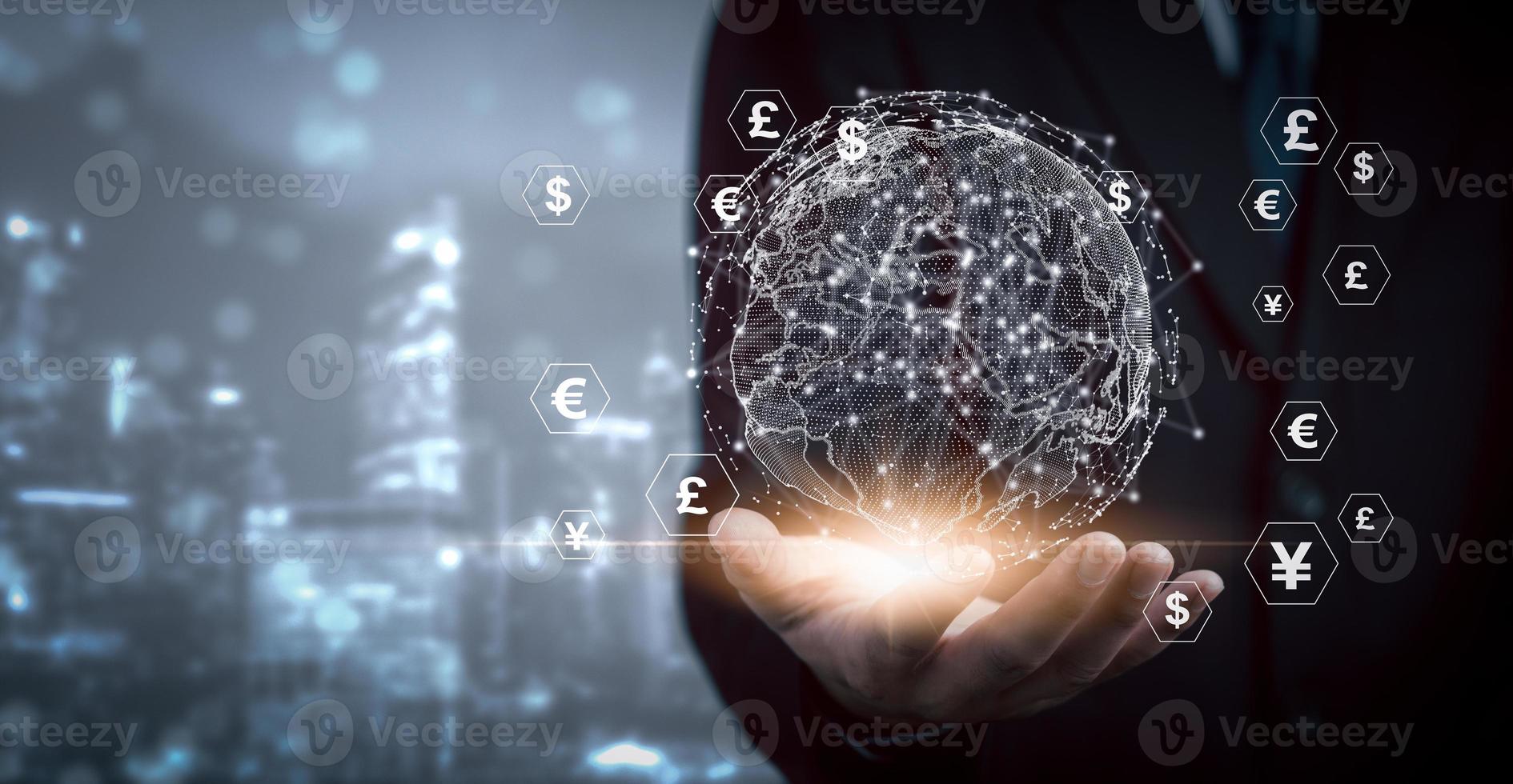 Businessman hands virtual world online banking payment finance internet currency and digital exchange concept. photo