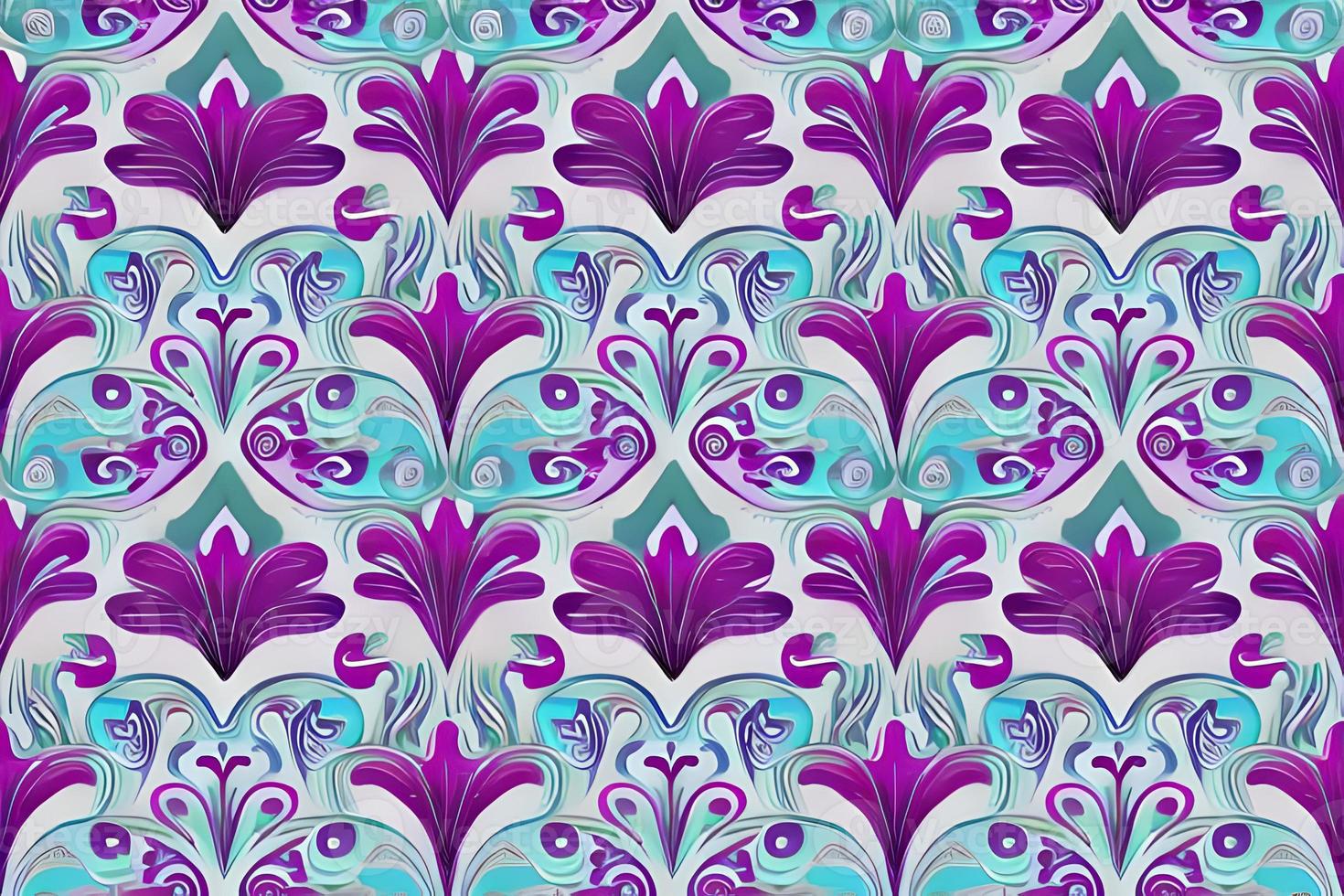 Abstract purple flower and leaves seamless pattern background. Flower and leaf clip illustration texture. photo