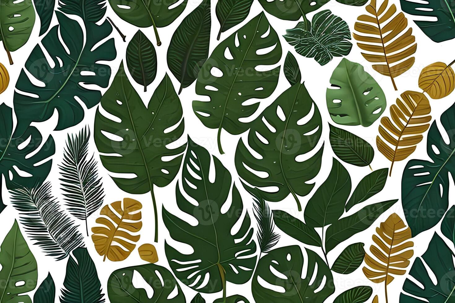 Abstract various monstera green leaves seamless pattern on blue background. Leaf clip texture and pattern. photo