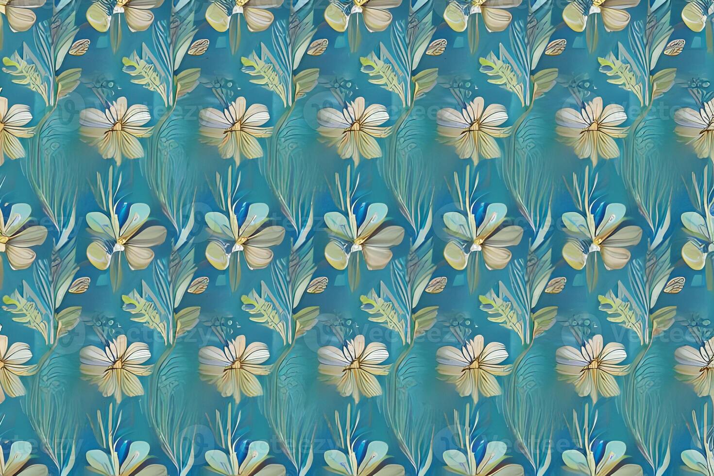 Abstract blue flower and leaves seamless pattern background. Flower and leaf clip illustration texture. photo